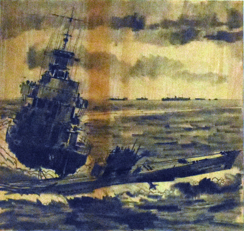 Otto Kuhni Artwork - Hand Drawing - Battleship and Submarine