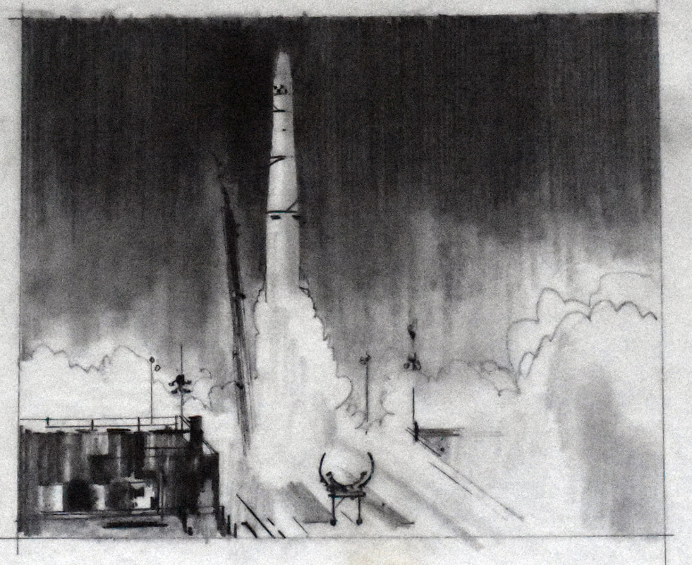 Otto Kuhni Artwork - Hand Drawing - Rocket Launch Close-Up