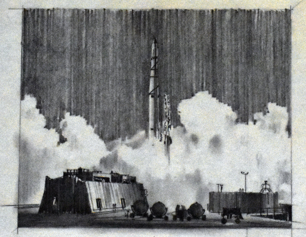Otto Kuhni Artwork - Hand Drawing - Rocket Launch from Far