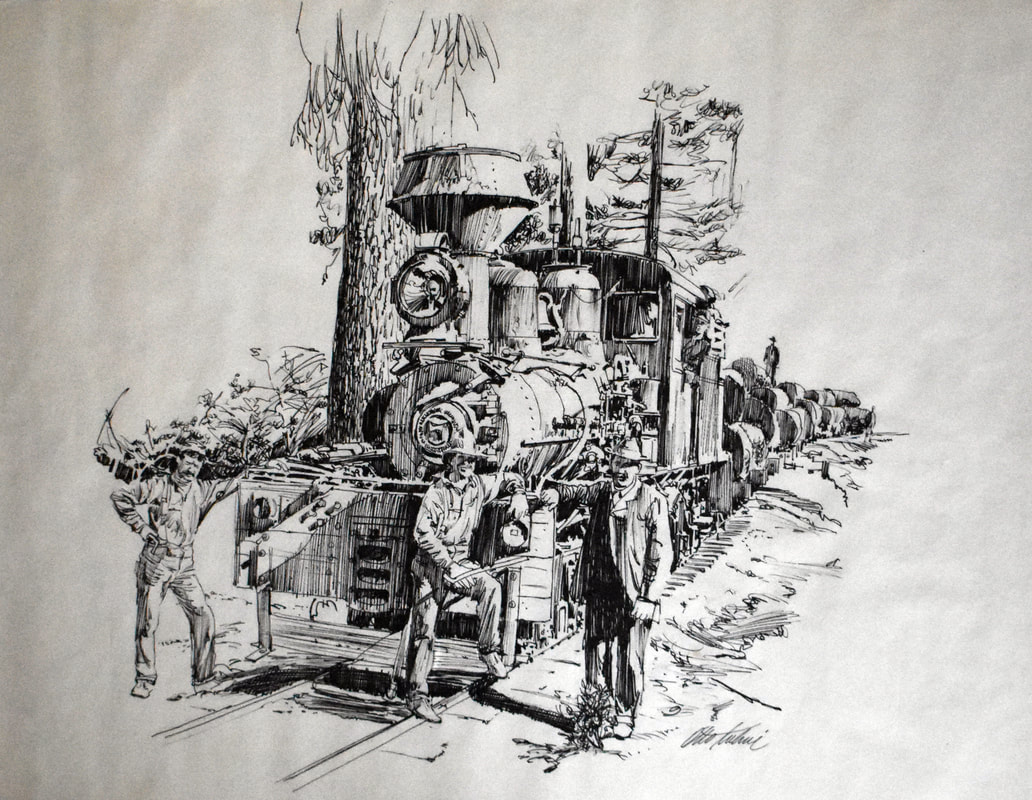 Otto Kuhni Artwork - Hand Drawing - Train with Three Men