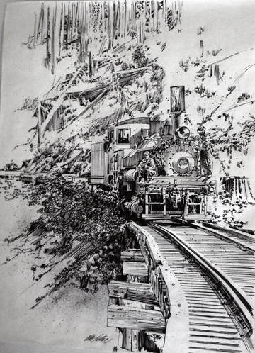 Otto Kuhni Artwork - Hand Drawings - Train and Mountain